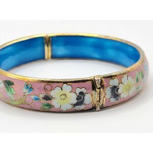 Vintage Pink Blue Flower Cloisonne Hinged  Bangle Bracelet 7.5in